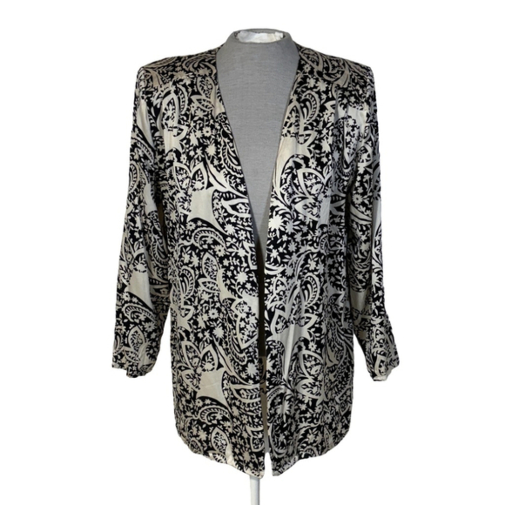 Vintage Albert Hei Silk Open Front Blazer Women’s Small White Black Paisley